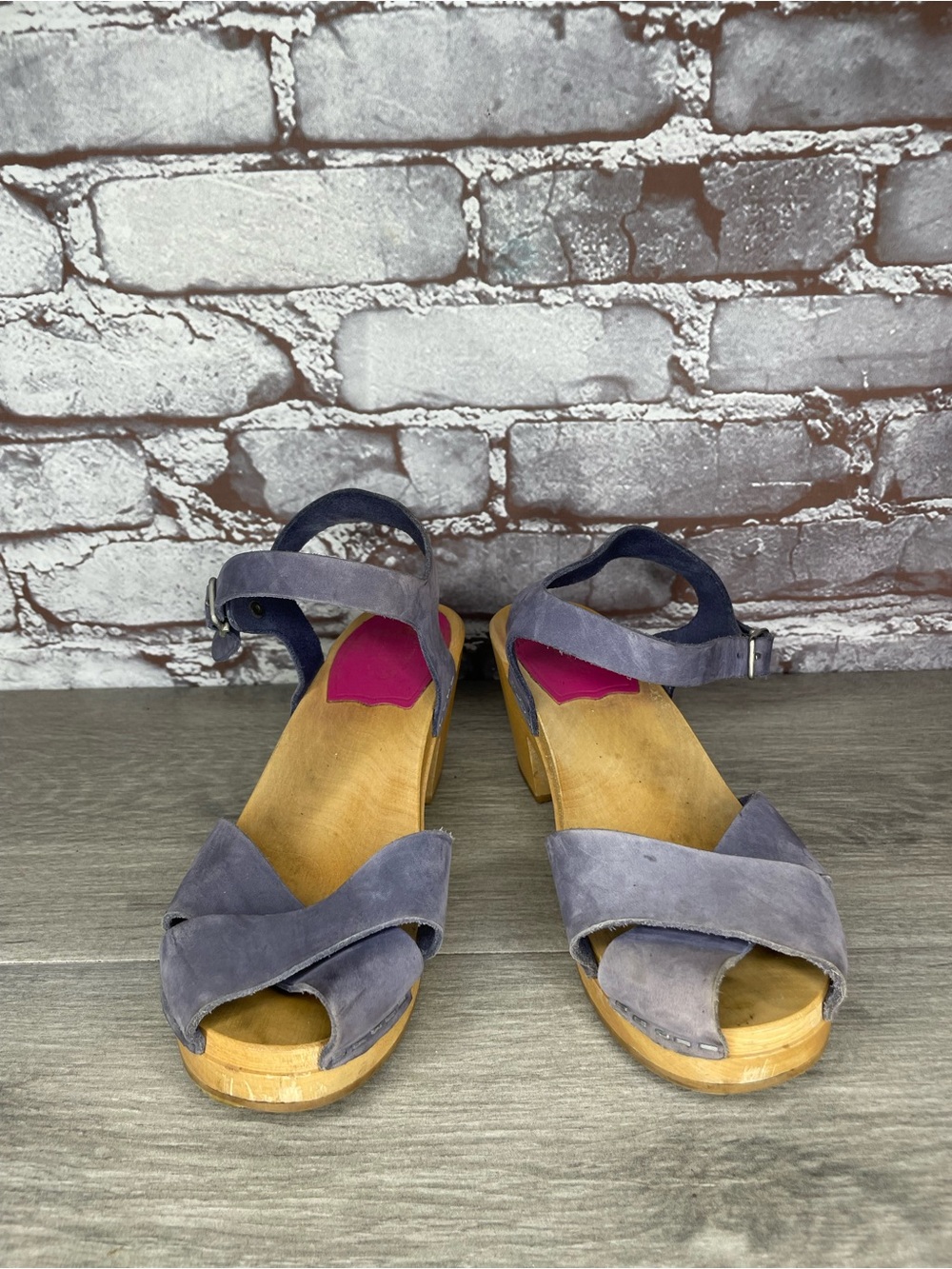 Swedish HASBEENS Blue Nubuck Leather Wood Clogs Sandals Women Sz 36EU/6M US